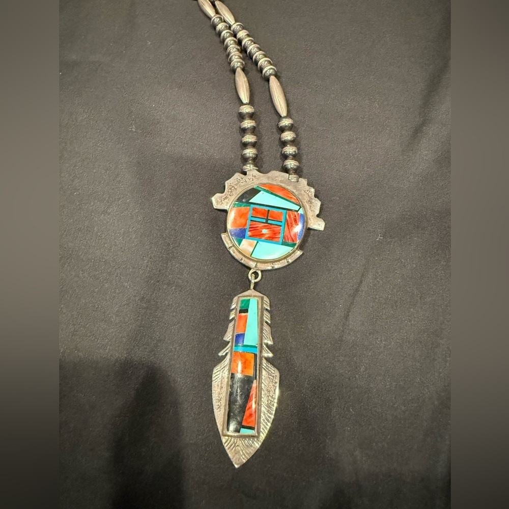 Vintage Sterling Silver Frank YellowHorse Pendant Beaded Chain Navajo Inlay - Picture 6 of 12
